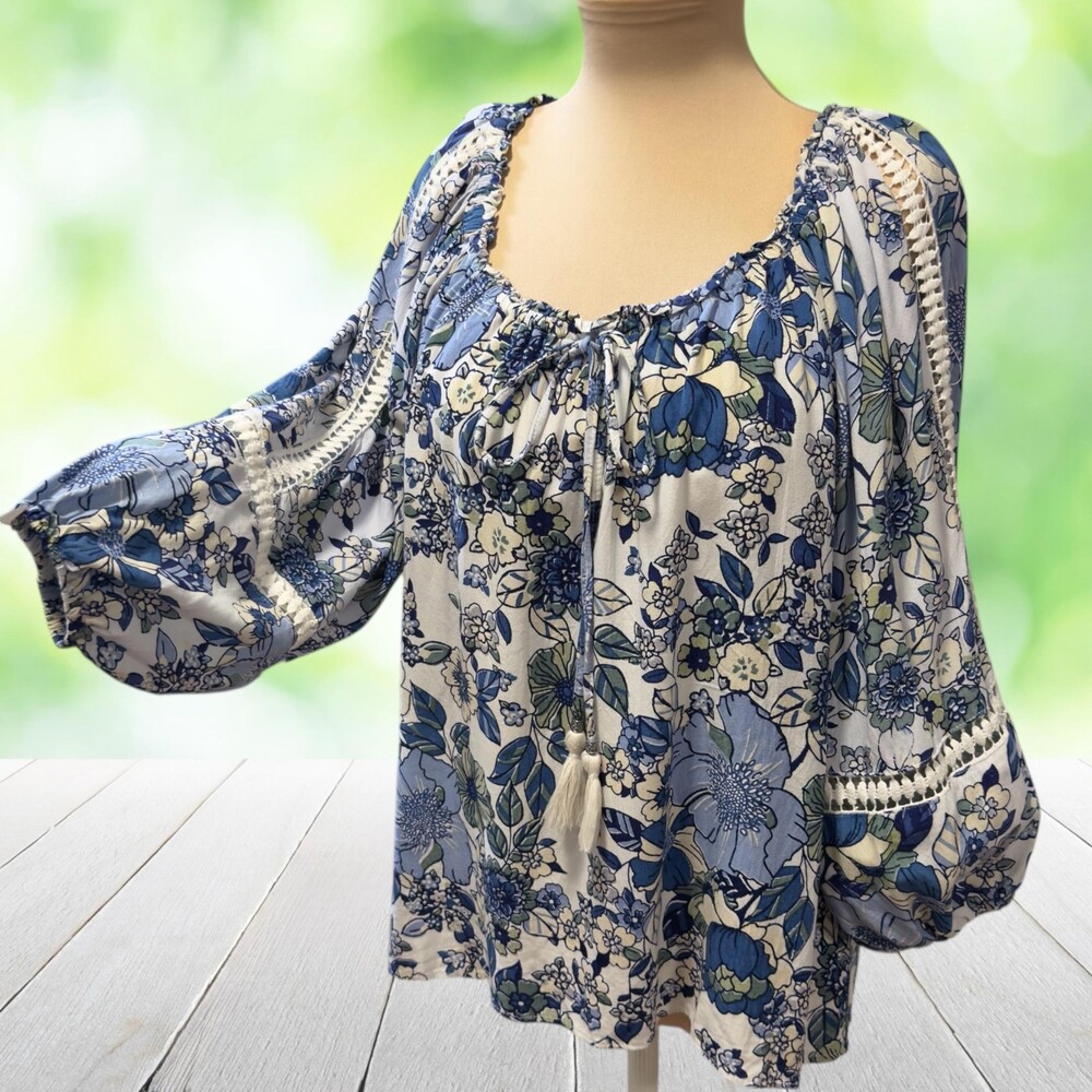 Vintage Boho Peasant Blouse Crochet Tassel Tie Balloon Sleeve Blue Floral Size M